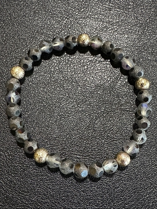 Jewelry - 51.  Dark Grey Polka Dot Glass & Gold Tone Beaded Stretch Bracelet